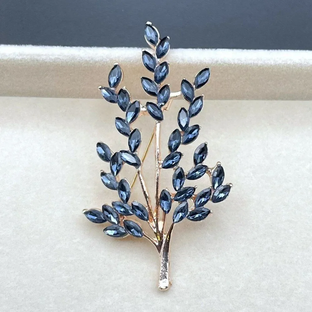 Rose Gold with Blue Sapphire Crystal Tree Branch with Leaves Pin Back Brooch
